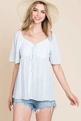 Sky Blue Thin Striped Tie Front Babydoll Top, Tops, $ 27.00, A Moment Of Now™